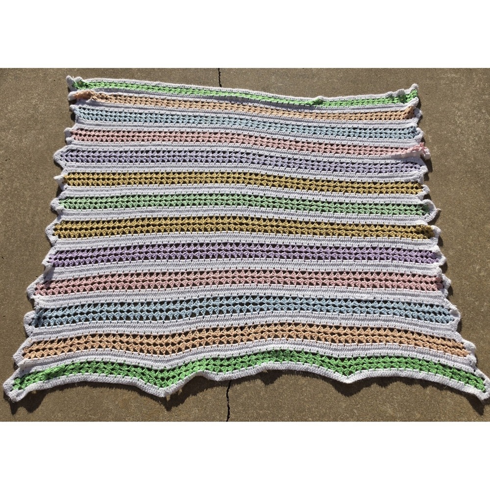 Vintage Handmade Crochet Pastel Striped Blanket Scalloped Edge Throw 53x60
